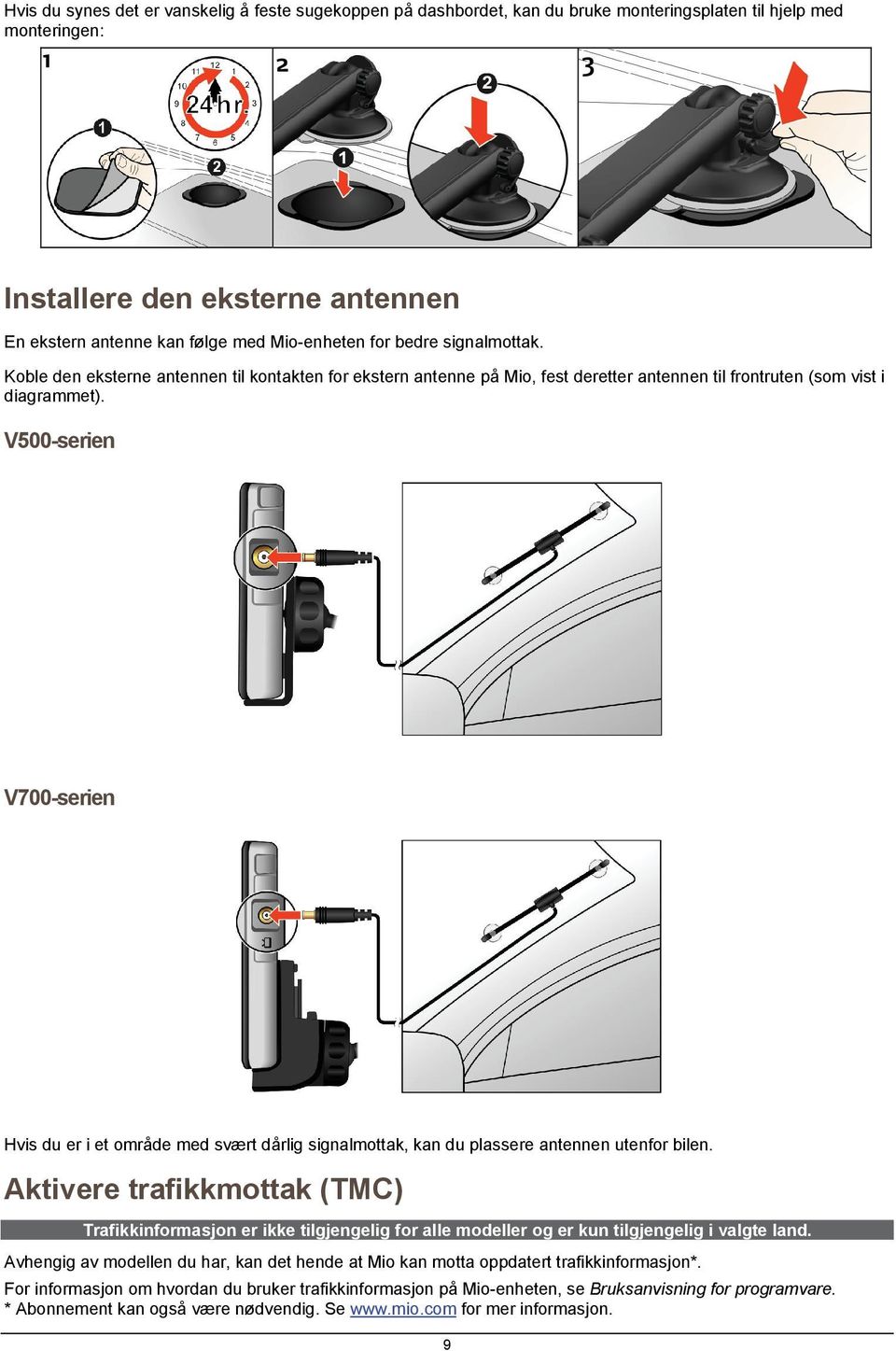 V500-serien V700-serien Hvis du er i et område med svært dårlig signalmottak, kan du plassere antennen utenfor bilen.