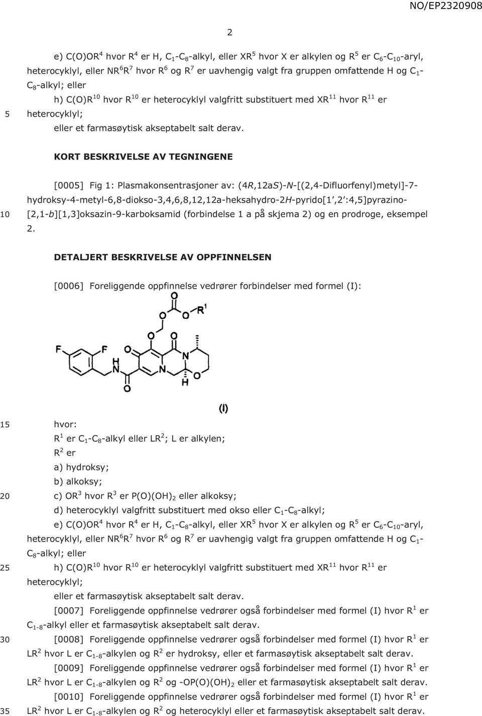 KORT BESKRIVELSE AV TEGNINGENE [000] Fig 1: Plasmakonsentrasjoner av: (4R,12aS)-N-[(2,4-Difluorfenyl)metyl]-7- hydroksy-4-metyl-6,8-diokso-3,4,6,8,12,12a-heksahydro-2h-pyrido[1,2 :4,]pyrazino-