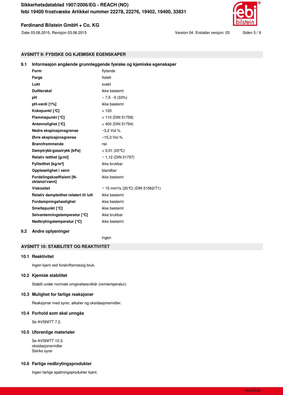 51758) Antennelighet [ C] > 400 (DIN 51794) Nedre eksplosjonsgrense Øvre eksplosjonsgrense Brannfremmende Damptrykk/gasstrykk [kpa] ~3,2 Vol.% ~15,3 Vol.