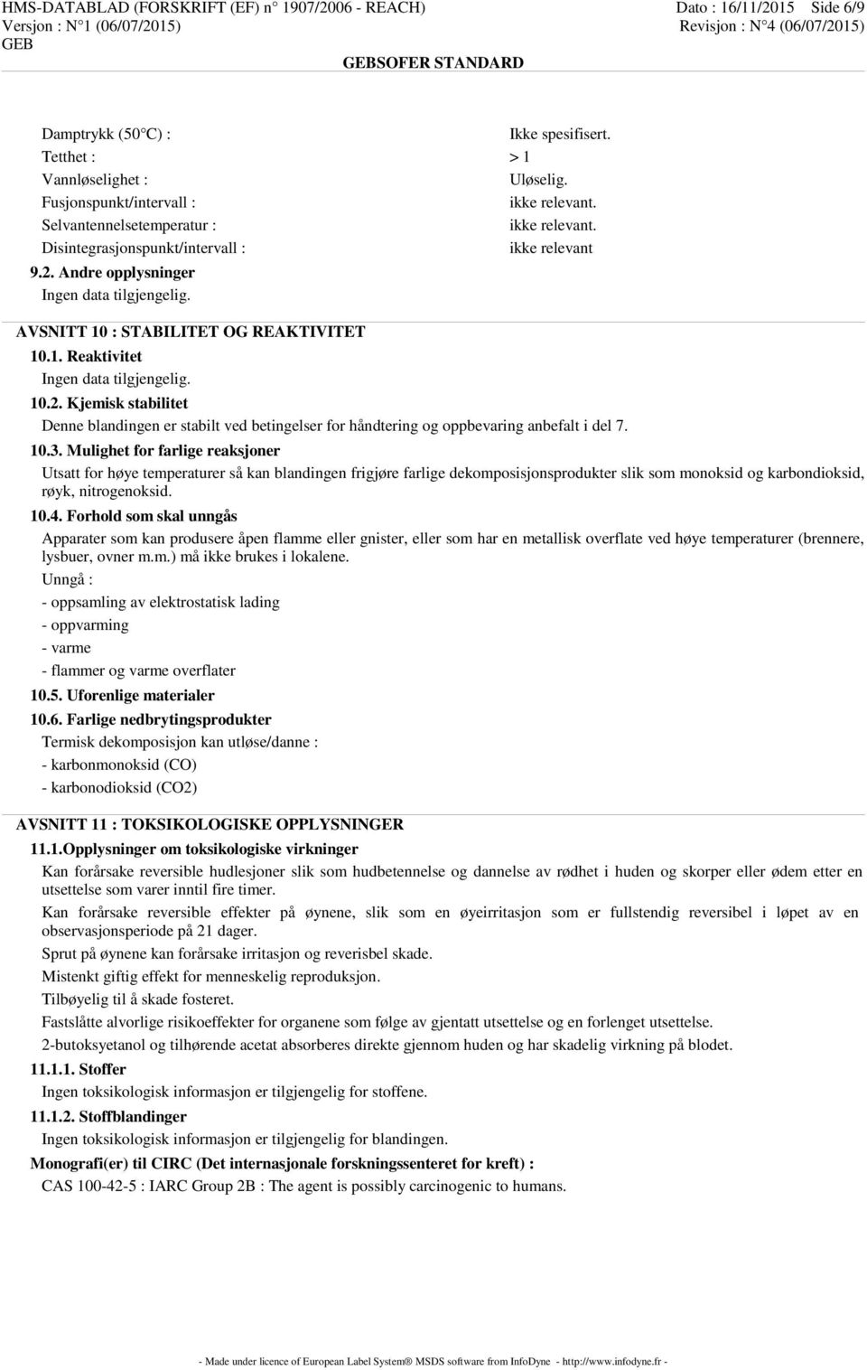 Andre opplysninger AVSNITT 10 : STABILITET OG REAKTIVITET 10.1. Reaktivitet 10.2. Kjemisk stabilitet Denne blandingen er stabilt ved betingelser for håndtering og oppbevaring anbefalt i del 7. 10.3.