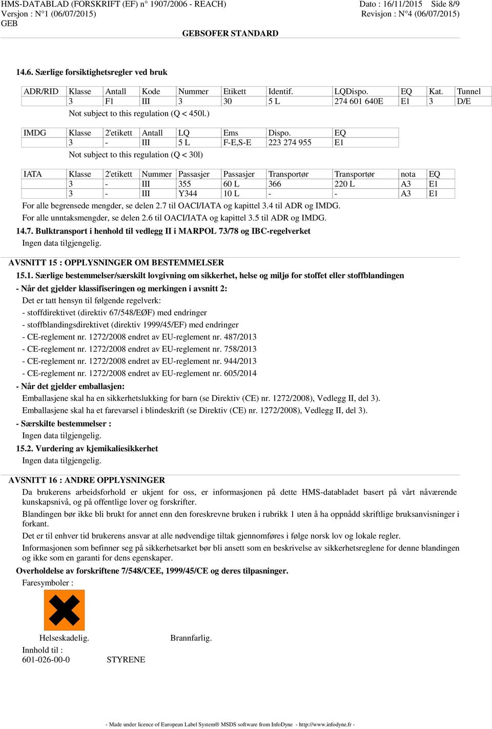 EQ 3 - III 5 L F-E,S-E 223 274 955 E1 Not subject to this regulation (Q < 30l) IATA Klasse 2'etikett Nummer Passasjer Passasjer Transportør Transportør nota EQ 3 - III 355 60 L 366 220 L A3 E1 3 -