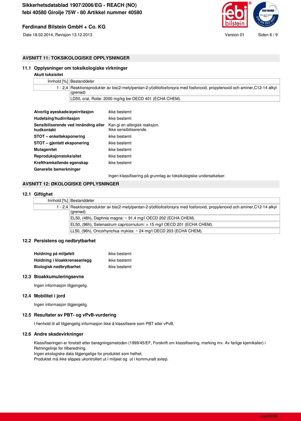 Alvorlig øyeskade/øyeirritasjon Hudetsing/hudirritasjon Sensibiliserende ved innånding eller hudkontakt STOT enkelteksponering STOT gjentatt eksponering Mutagenitet Reproduksjonstoksisitet