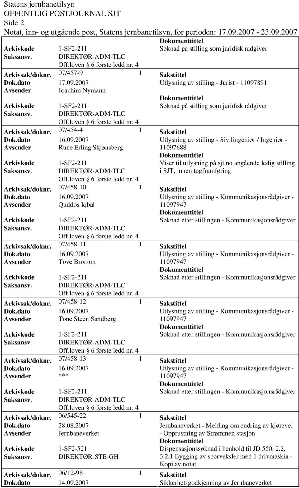 07/454-4 I Sakstittel Utlysning av stilling - Sivilingeniør / Ingeniør - Avsender Rune Erling Skjønsberg 11097688 Viser til utlysning på sjt.