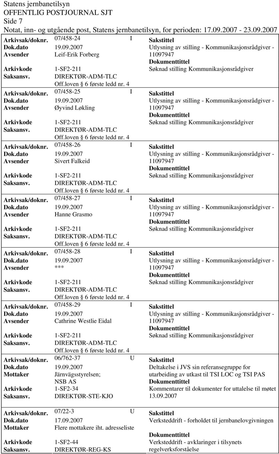 07/458-29 I Sakstittel Avsender Cathrine Westlie Eidal Arkivsak/doknr.