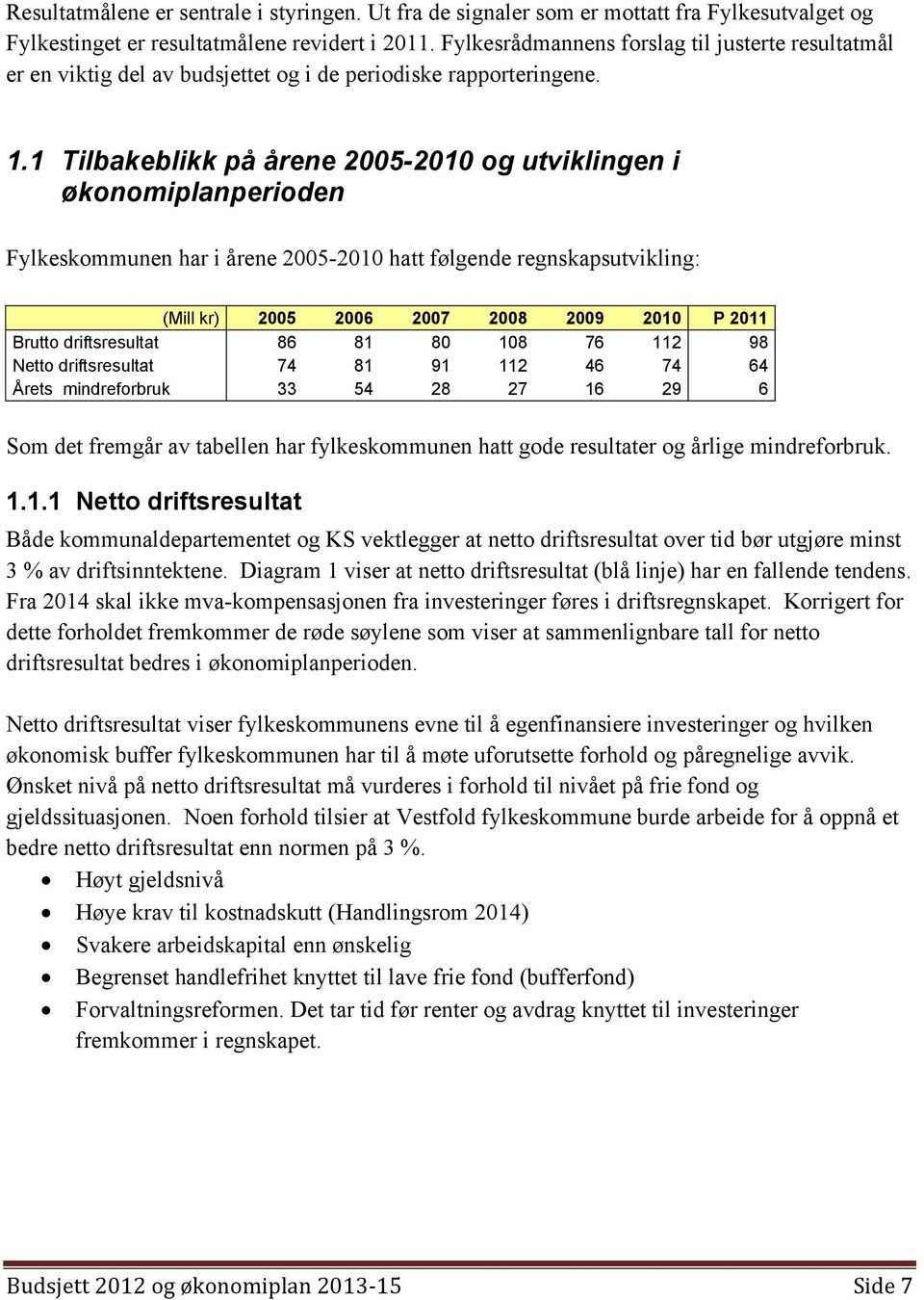 1 Tilbakeblikk på årene 2005-2010 og utviklingen i økonomiplanperioden Fylkeskommunen har i årene 2005-2010 hatt følgende regnskapsutvikling: (Mill kr) 2005 2006 2007 2008 2009 2010 P 2011 Brutto