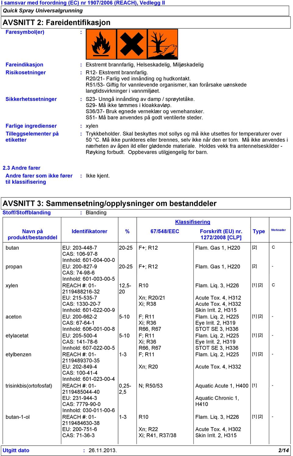 S23- Unngå innånding av damp / sprøytetåke. S29- Må ikke tømmes i kloakkavløp. S36/37- Bruk egnede verneklær og vernehansker. S51- Må bare anvendes på godt ventilerte steder. xylen Trykkbeholder.