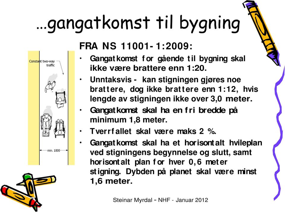 meter. Gangatkomst skal ha en fri bredde på minimum 1,8 meter. Tverrf allet skal være maks 2 %.