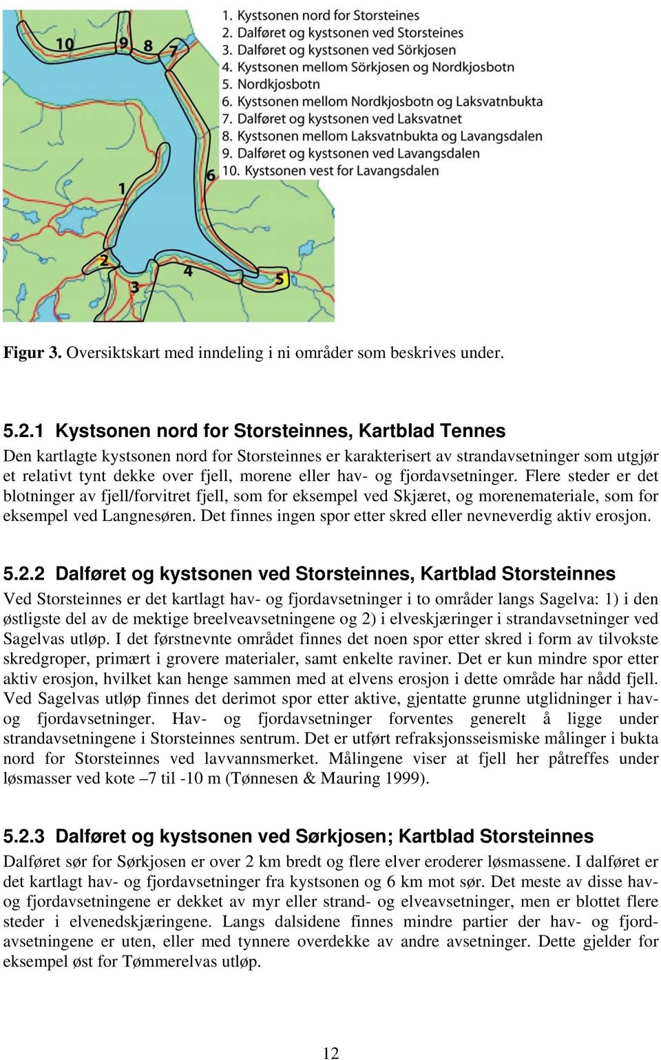 og fjordavsetninger. Flere steder er det blotninger av fjell/forvitret fjell, som for eksempel ved Skjæret, og morenemateriale, som for eksempel ved Langnesøren.