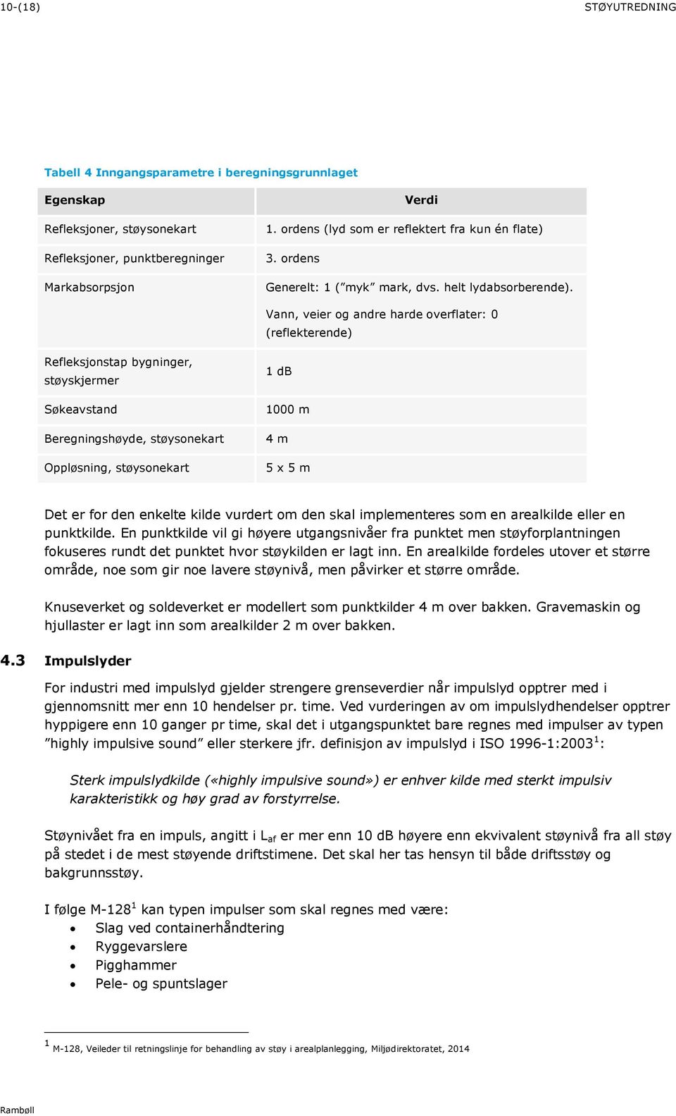 Vann, veier og andre harde overflater: 0 (reflekterende) Refleksjonstap bygninger, støyskjermer Søkeavstand Beregningshøyde, støysonekart Oppløsning, støysonekart 1 db 1000 m 4 m 5 x 5 m Det er for