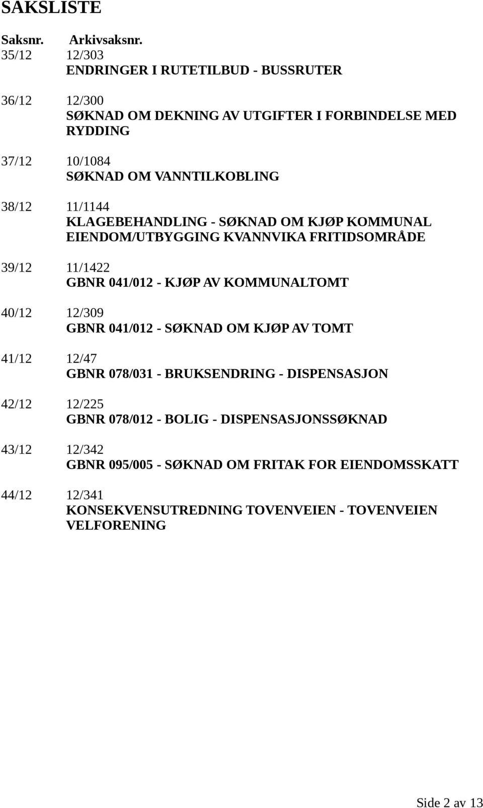 38/12 11/1144 KLAGEBEHANDLING - SØKNAD OM KJØP KOMMUNAL EIENDOM/UTBYGGING KVANNVIKA FRITIDSOMRÅDE 39/12 11/1422 GBNR 041/012 - KJØP AV KOMMUNALTOMT 40/12 12/309