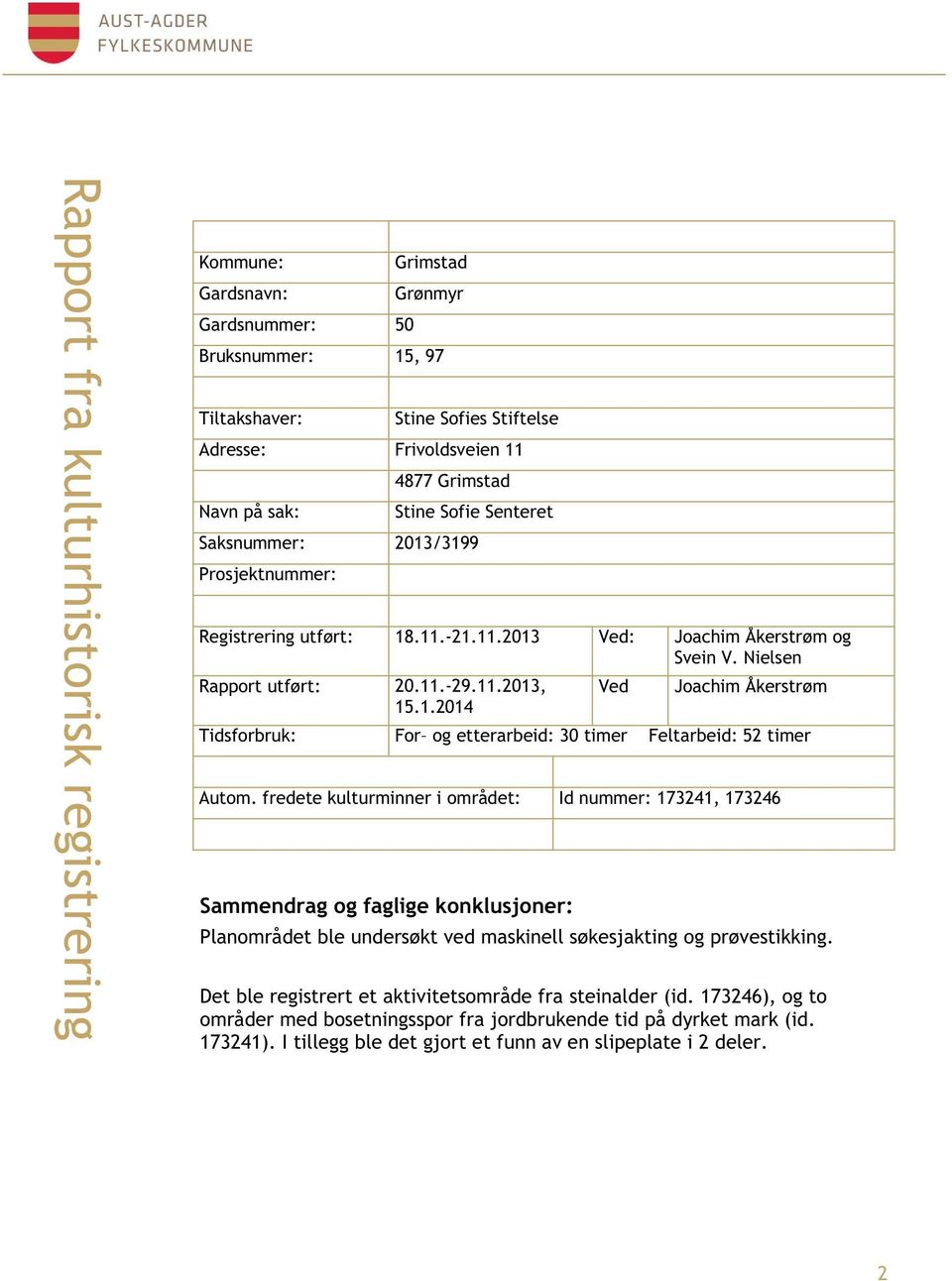 1.2014 Ved Joachim Åkerstrøm Tidsforbruk: For og etterarbeid: 30 timer Feltarbeid: 52 timer Autom.