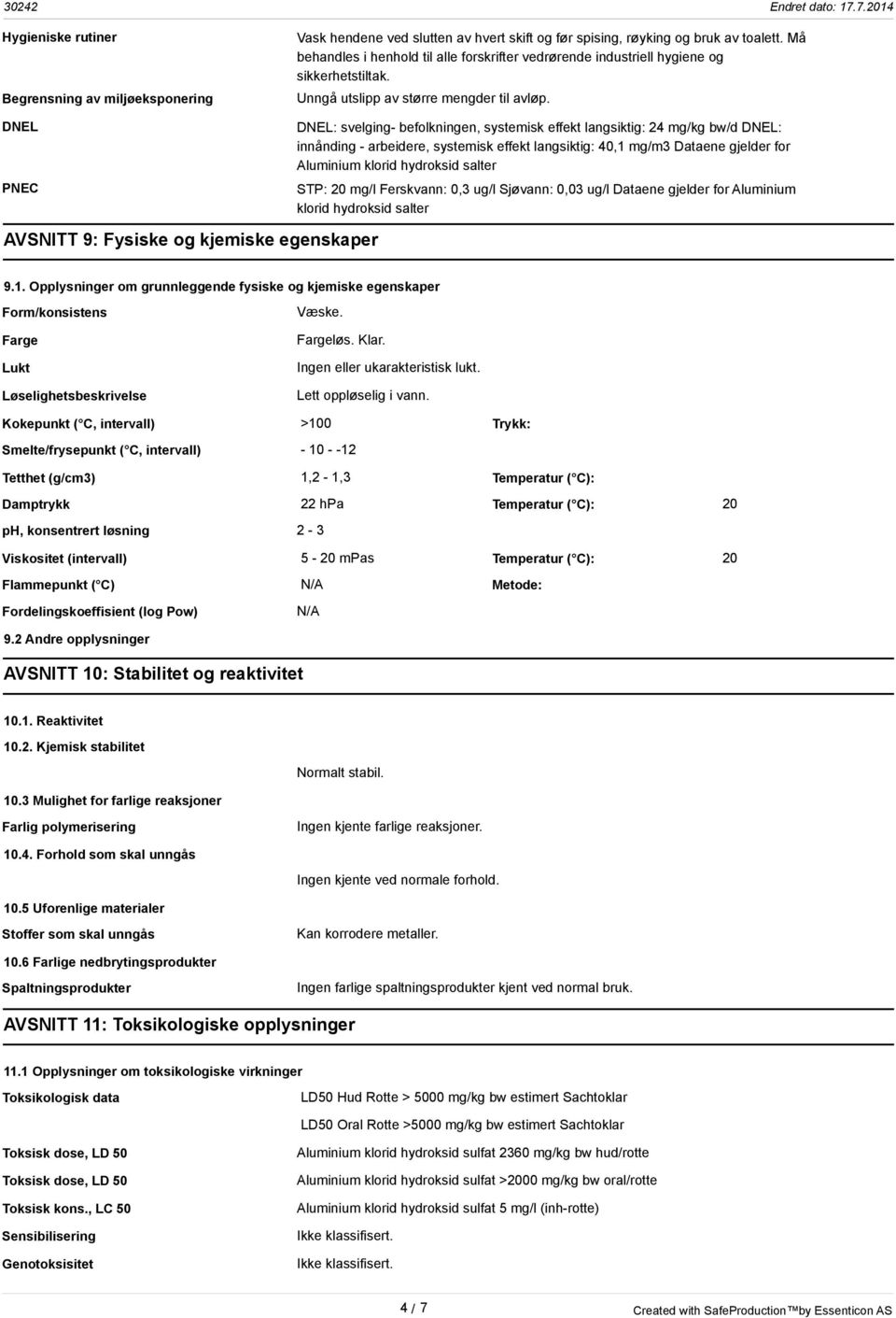 DNEL: svelging- befolkningen, systemisk effekt langsiktig: 24 mg/kg bw/d DNEL: innånding - arbeidere, systemisk effekt langsiktig: 40,1 mg/m3 Dataene gjelder for Aluminium klorid hydroksid salter