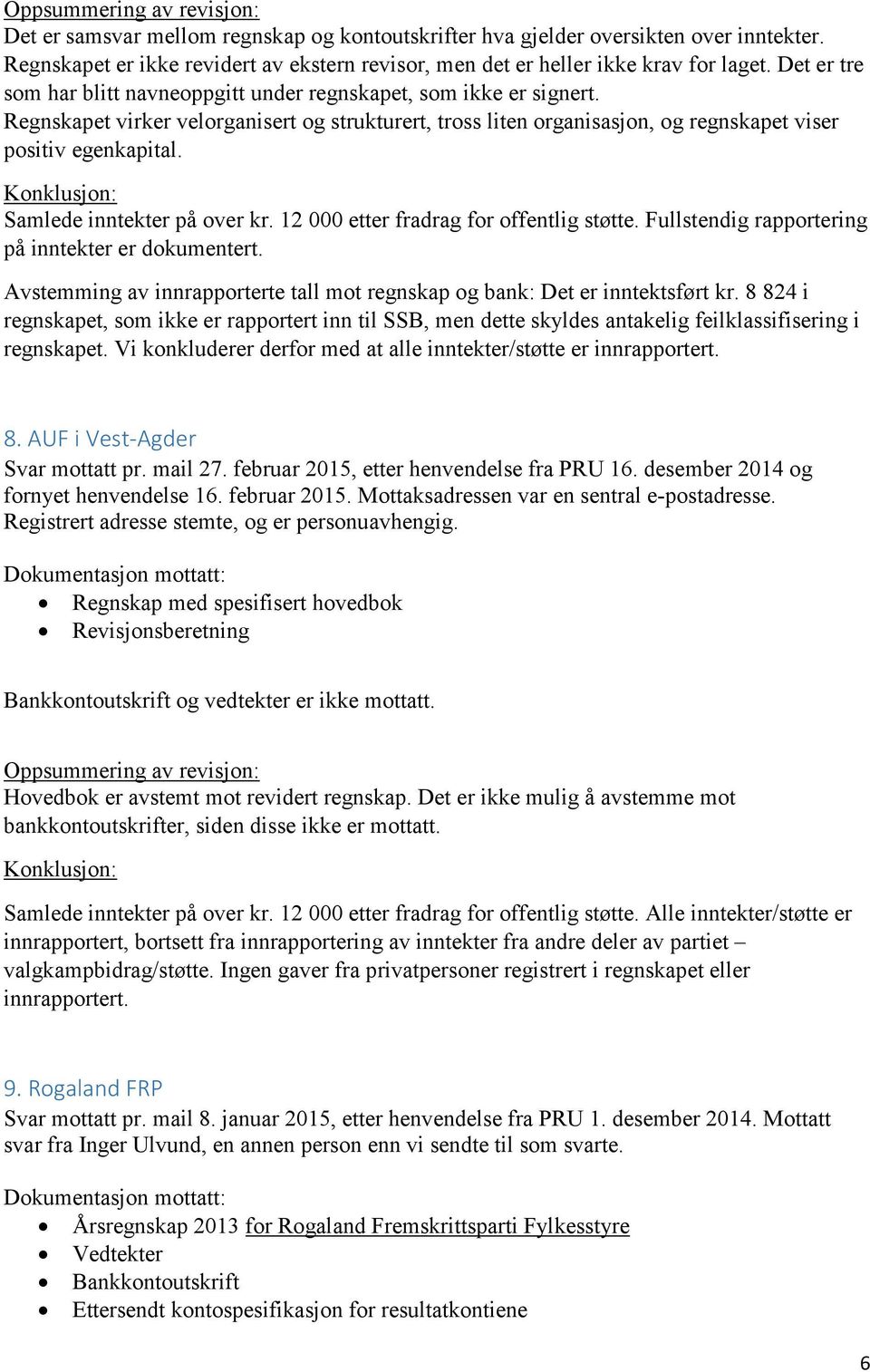 Avstemming av innrapporterte tall mot regnskap og bank: Det er inntektsført kr. 8 824 i regnskapet, som ikke er rapportert inn til SSB, men dette skyldes antakelig feilklassifisering i regnskapet.