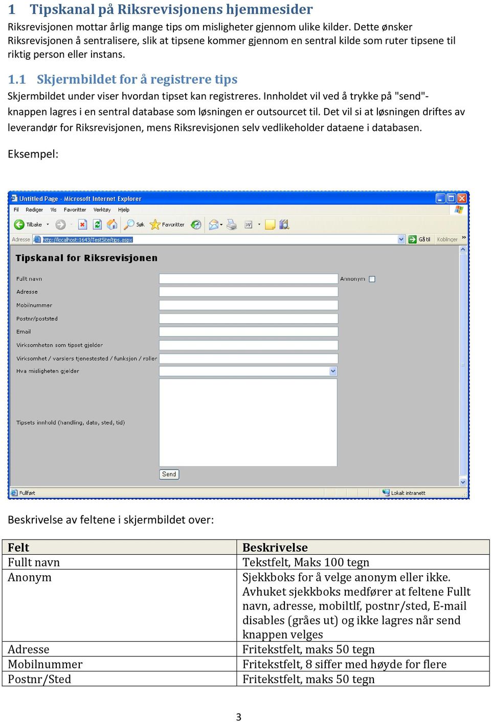 1 Skjermbildet for å registrere tips Skjermbildet under viser hvordan tipset kan registreres. Innholdet vil ved å trykke på "send" knappen lagres i en sentral database som løsningen er outsourcet til.