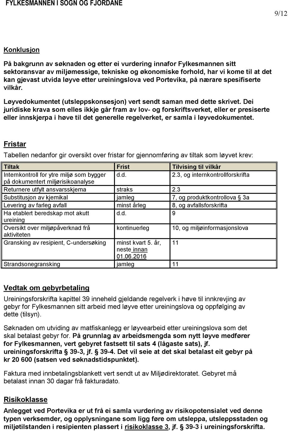 Dei juridiske krava som elles ikkje går fram av lov- og forskriftsverket, eller er presiserte eller innskjerpa i høve til det generelle regelverket, er samla i løyvedokumentet.