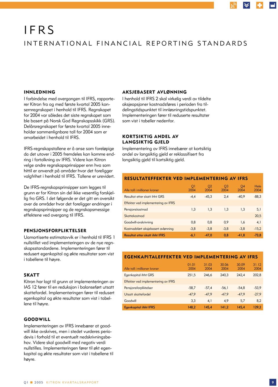 Delårsregnskapet for første kvartal 2005 inneholder sammenlignbare tall for som er omarbeidet i henhold til IFRS.