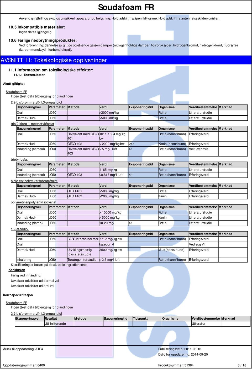 6 Farlige nedbrytningsprodukter: Ved forbrenning: dannelse av giftige og etsende gasser/damper (nitrogenholdige damper, fosforoksyder, hydrogenbromid, hydrogenklorid, fluorsyre) (karbonmonoksyd -