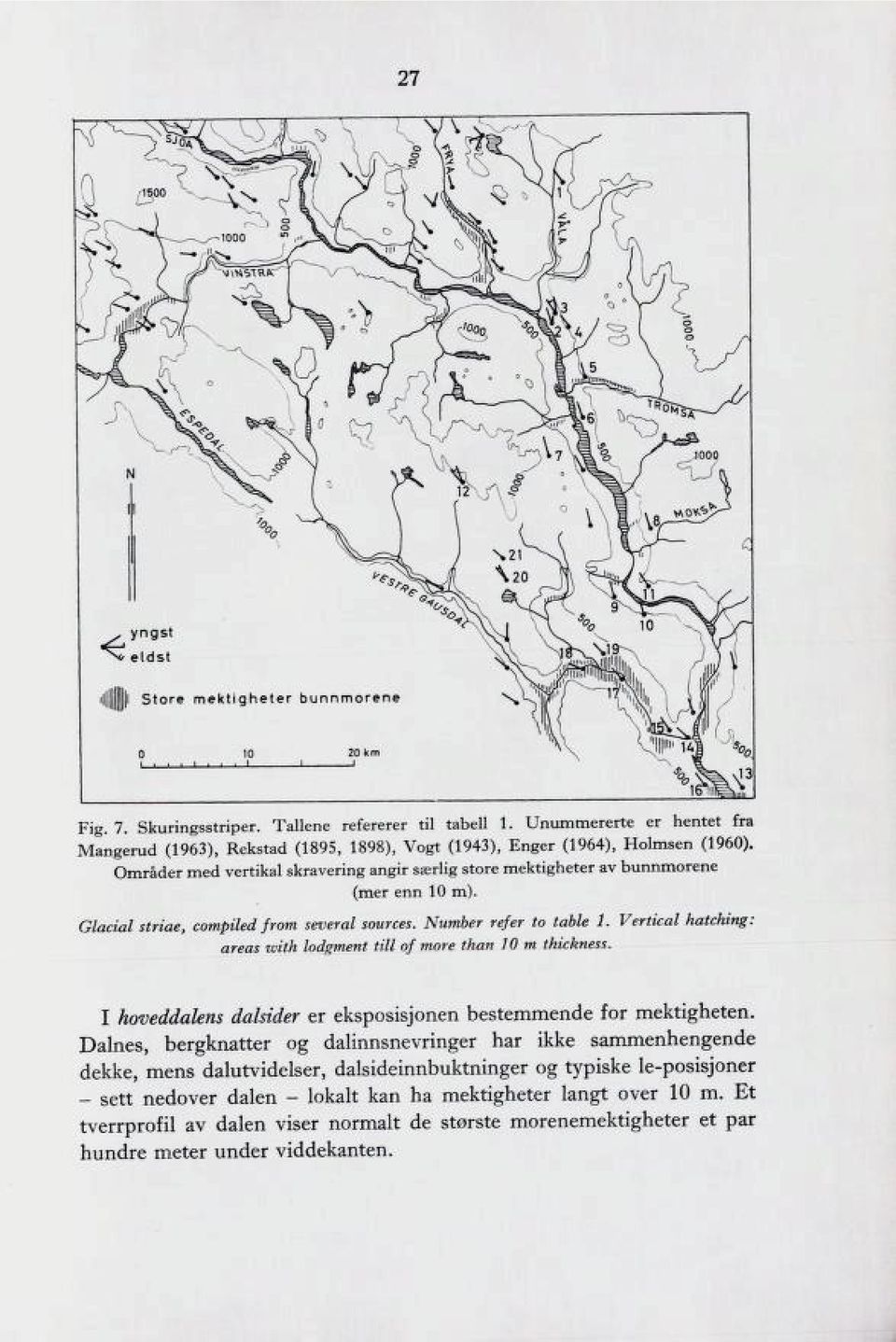 Vertical hatching: areas with lodgment till of more than m thickness. I hoveddalens dalsider er eksposisjonen bestemmende for mektigheten.