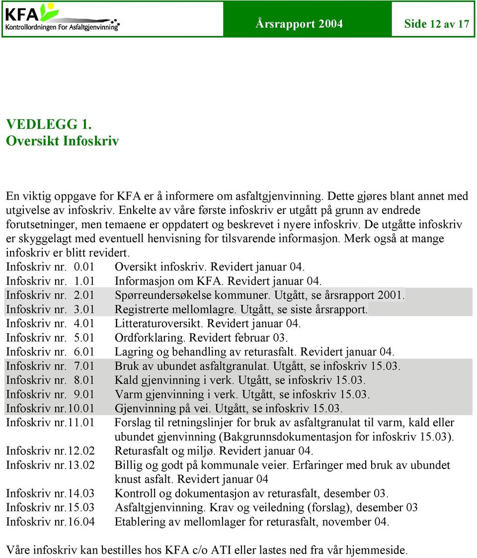 De utgåtte infoskriv er skyggelagt med eventuell henvisning for tilsvarende informasjon. Merk også at mange infoskriv er blitt revidert. Infoskriv nr. 0.01 Oversikt infoskriv. Revidert januar 04.