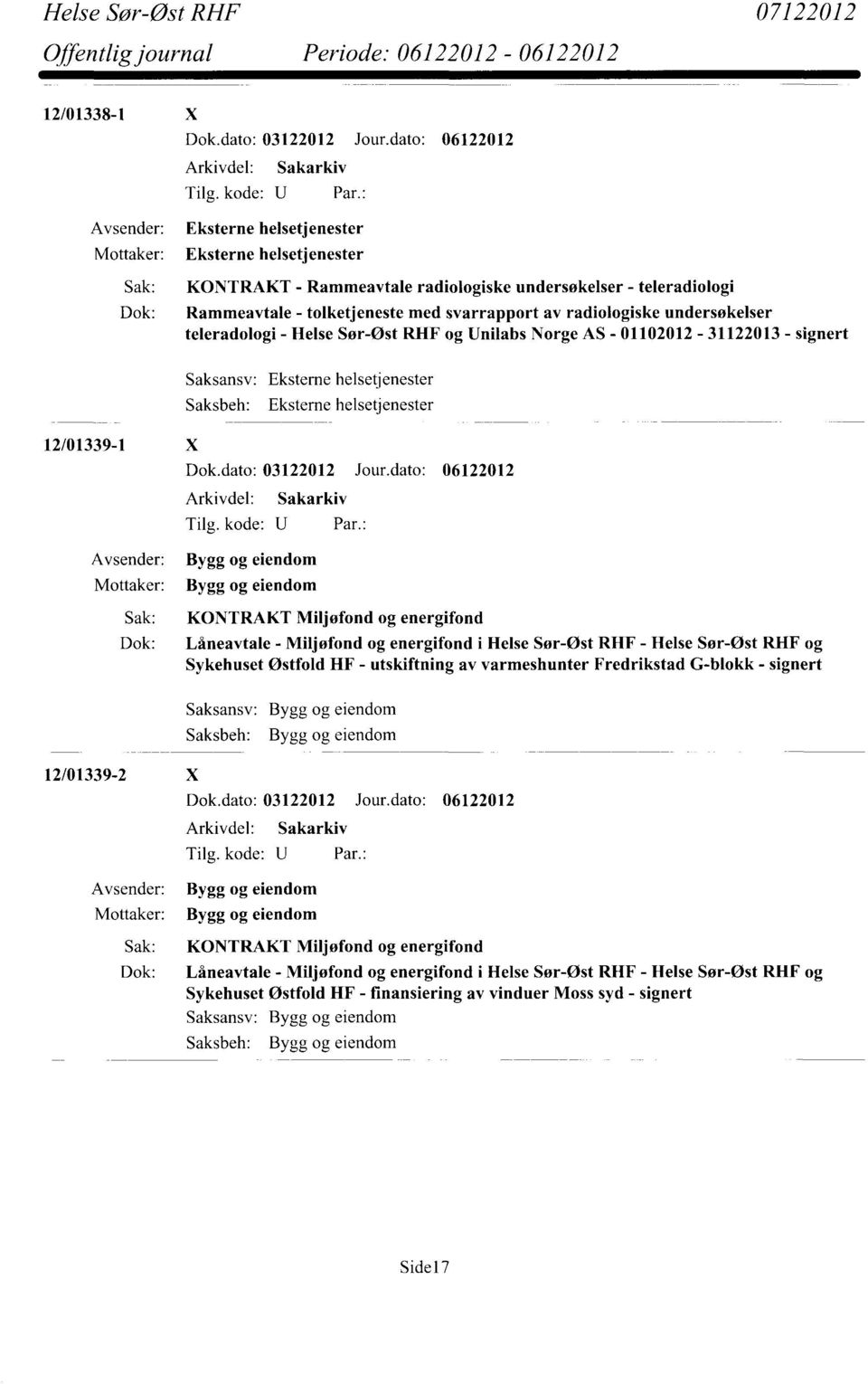 undersøkelser teleradologi - Helse Sør-Øst RHF og Unilabs Norge AS - 01102012-31122013 - signert 12/01339-1 X Eksteme helsetjenester Dok.dato: 03122012 Jour.