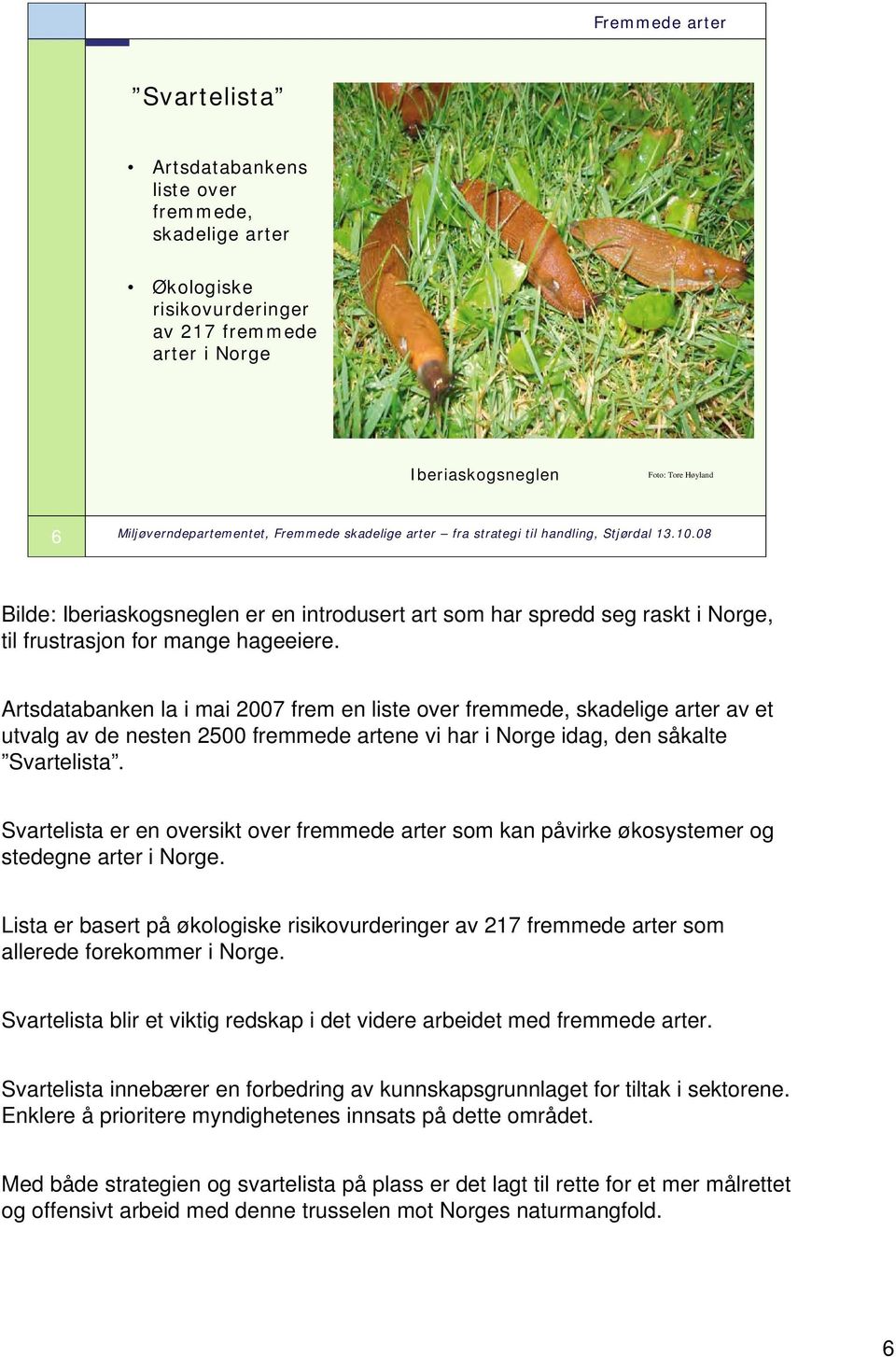 Artsdatabanken la i mai 2007 frem en liste over fremmede, skadelige arter av et utvalg av de nesten 2500 fremmede artene vi har i Norge idag, den såkalte Svartelista.