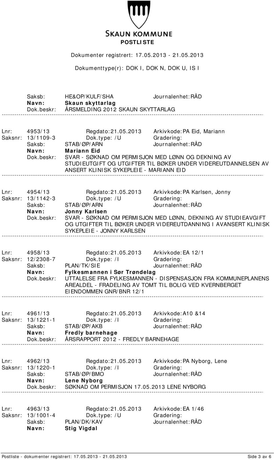 Regdato:21.05.2013 Arkivkode:PA Karlsen, Jonny Saksnr: 13/1142-3 Dok.
