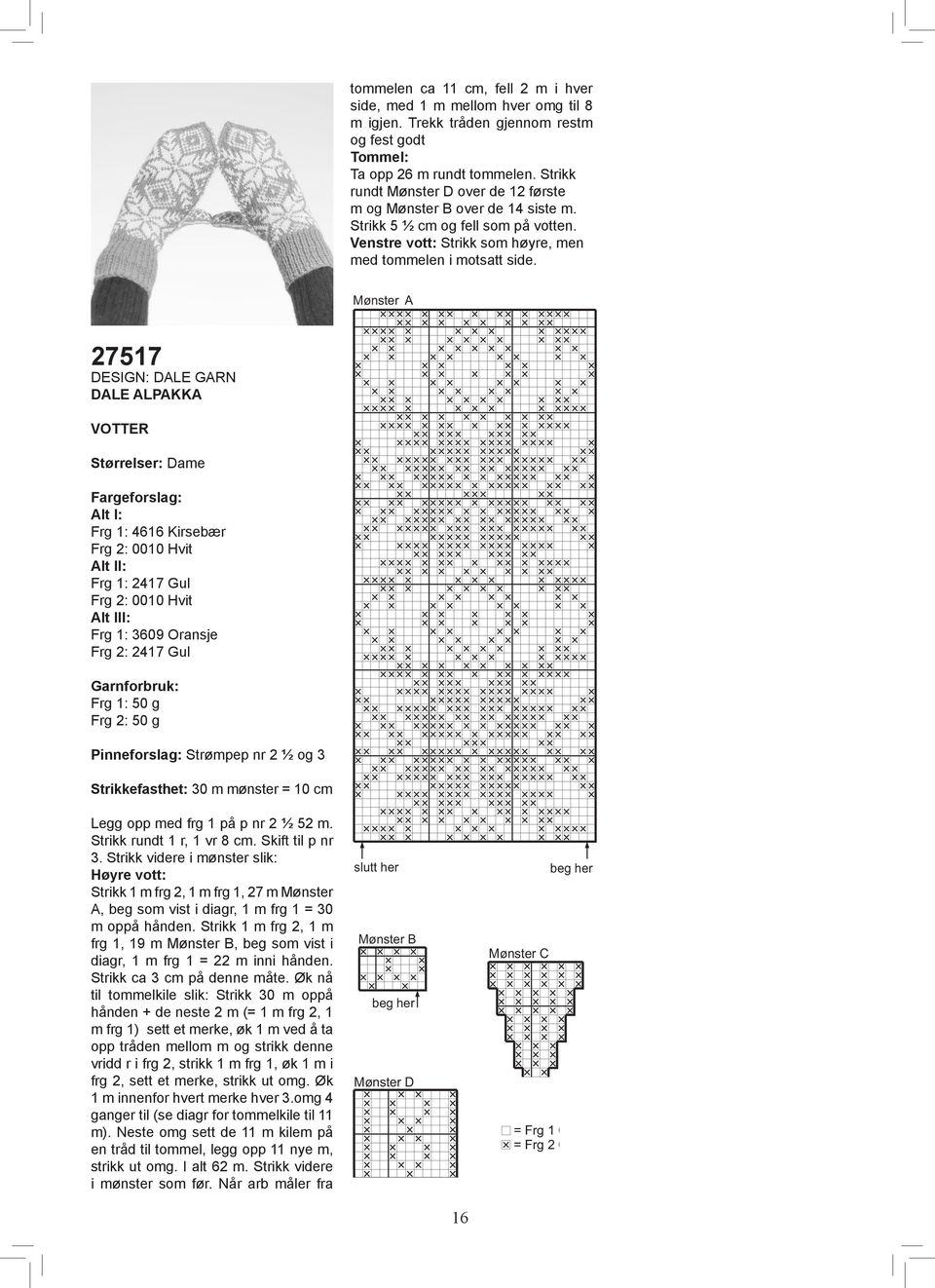 Mønster A 27517 DALE ALPAKKA VOTTER Størrelser: Dame Mønster A Alt I: Frg 1: 4616 Kirsebær Frg 2: 0010 Hvit Alt II: Frg 1: 2417 Gul Frg 2: 0010 Hvit Alt III: Frg 1: 3609 Oransje Frg 2: 2417 Gul