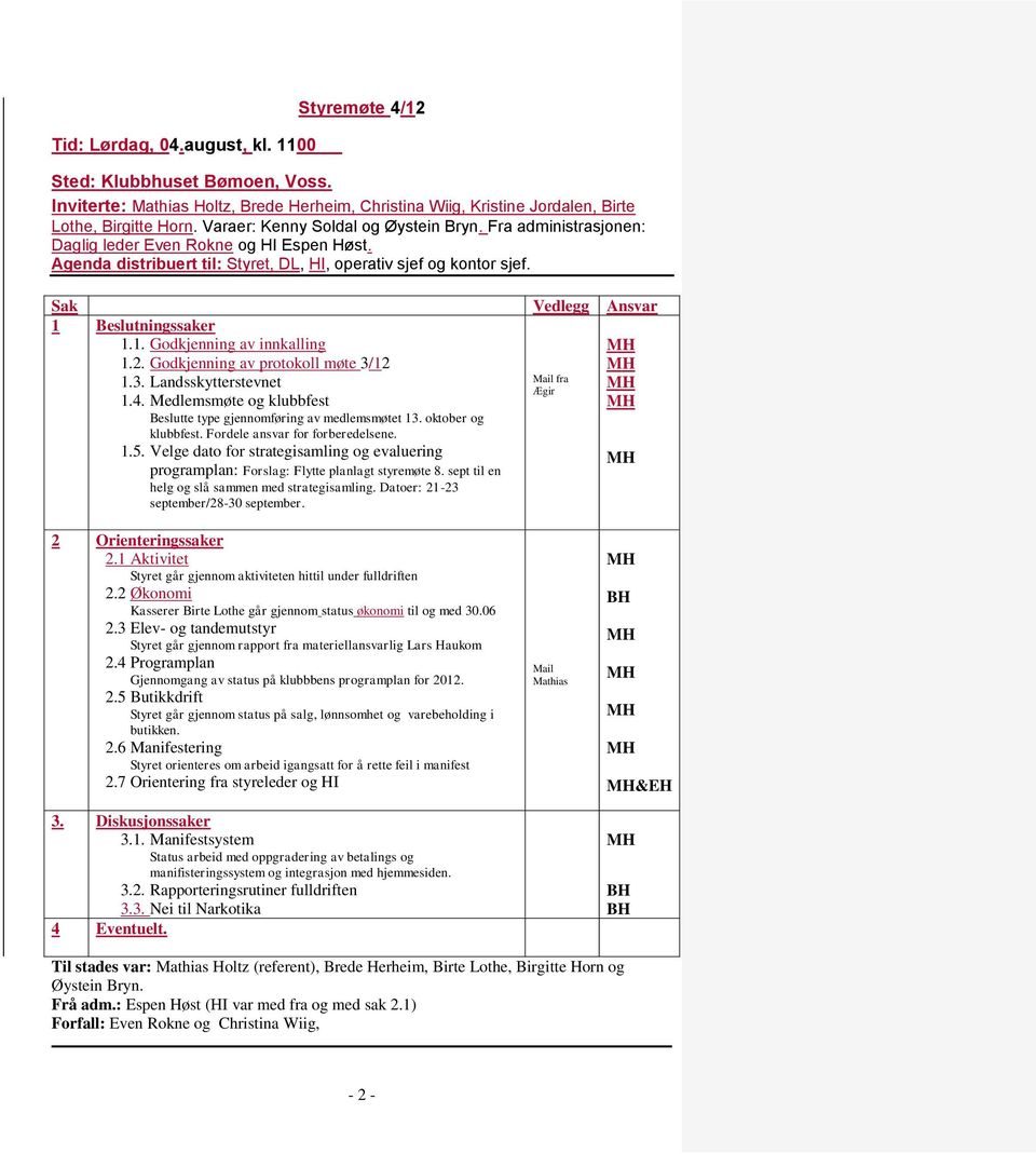 Sak Vedlegg Ansvar 1 Beslutningssaker 1.1. Godkjenning av innkalling 1.2. Godkjenning av protokoll møte 3/12 1.3. Landsskytterstevnet Mail fra Ægir 1.4.