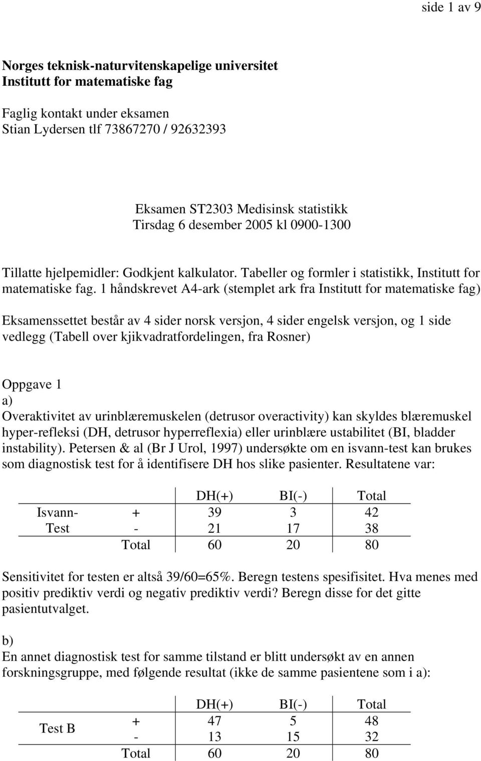 1 håndskrevet A4-ark (stemplet ark fra Institutt for matematiske fag) Eksamenssettet består av 4 sider norsk versjon, 4 sider engelsk versjon, og 1 side vedlegg (Tabell over kjikvadratfordelingen,