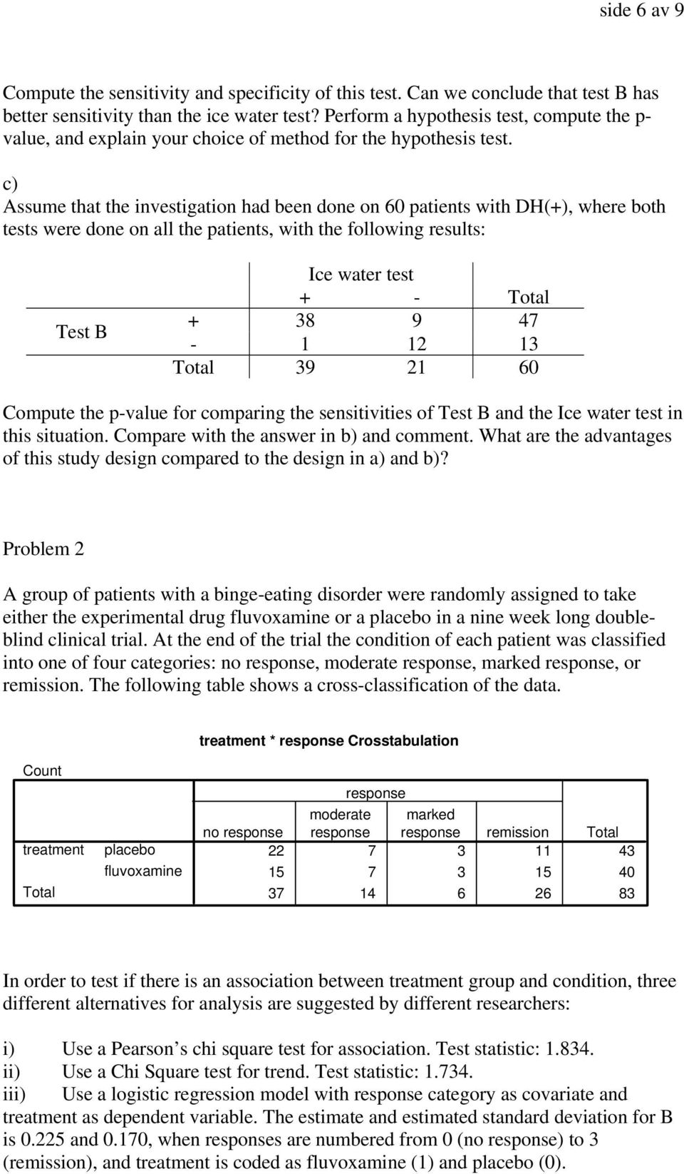 c) Assume that the investigation had been done on 60 patients with DH(+), where both tests were done on all the patients, with the following results: Test B Ice water test + - Total + 38 9 47-1 12 13