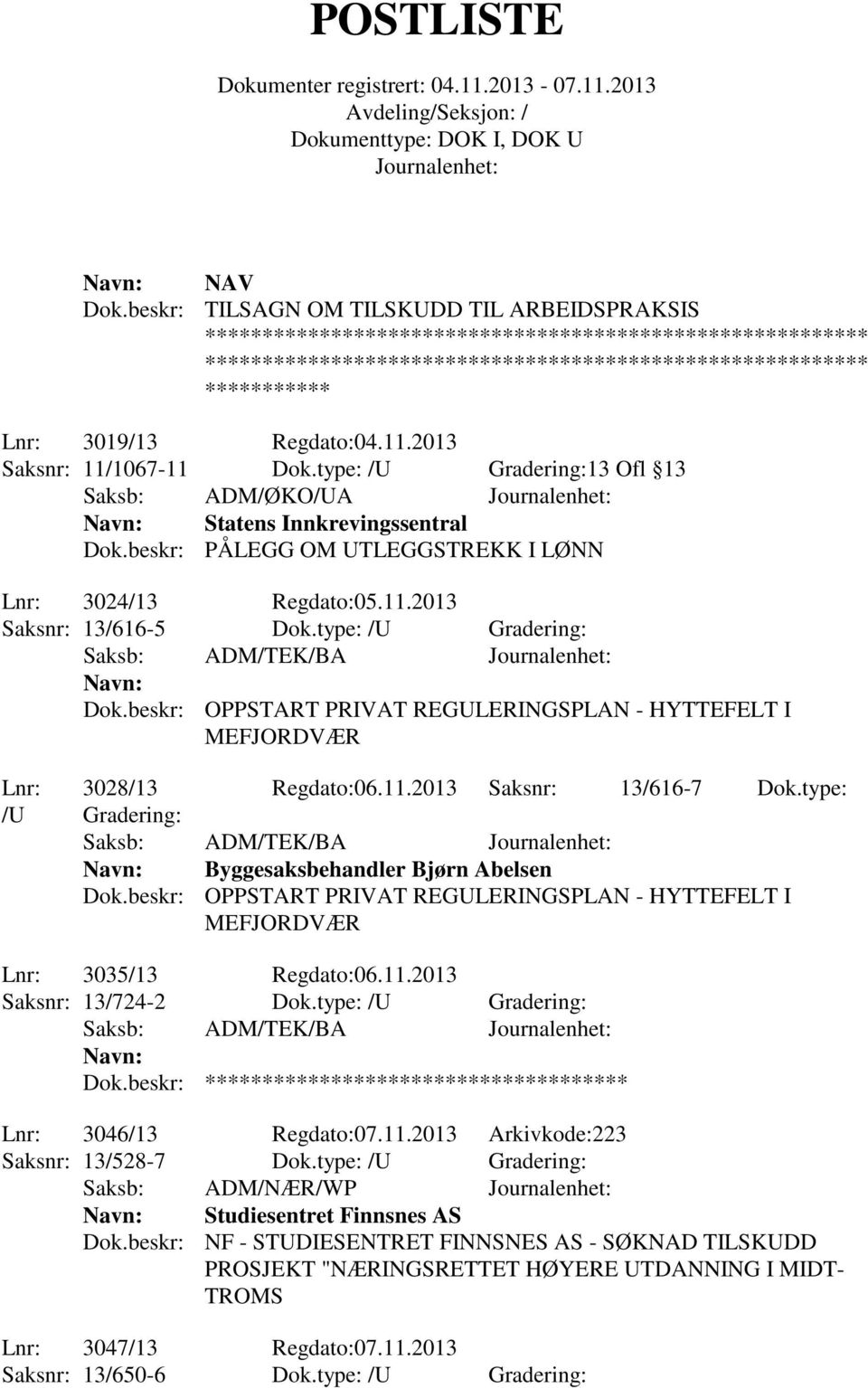 beskr: OPPSTART PRIVAT REGULERINGSPLAN - HYTTEFELT I MEFJORDVÆR Lnr: 3028/13 Regdato:06.11.2013 Saksnr: 13/616-7 Dok.type: /U Gradering: Byggesaksbehandler Bjørn Abelsen Dok.