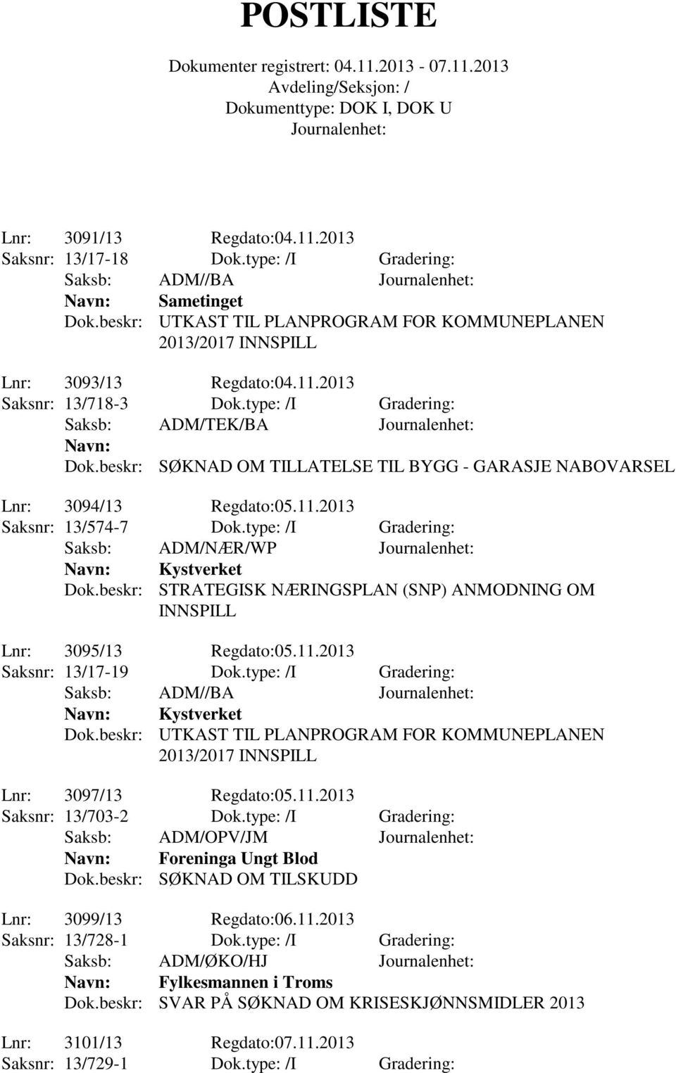 beskr: STRATEGISK NÆRINGSPLAN (SNP) ANMODNING OM INNSPILL Lnr: 3095/13 Regdato:05.11.2013 Saksnr: 13/17-19 Dok.type: /I Gradering: Saksb: ADM//BA Kystverket Dok.