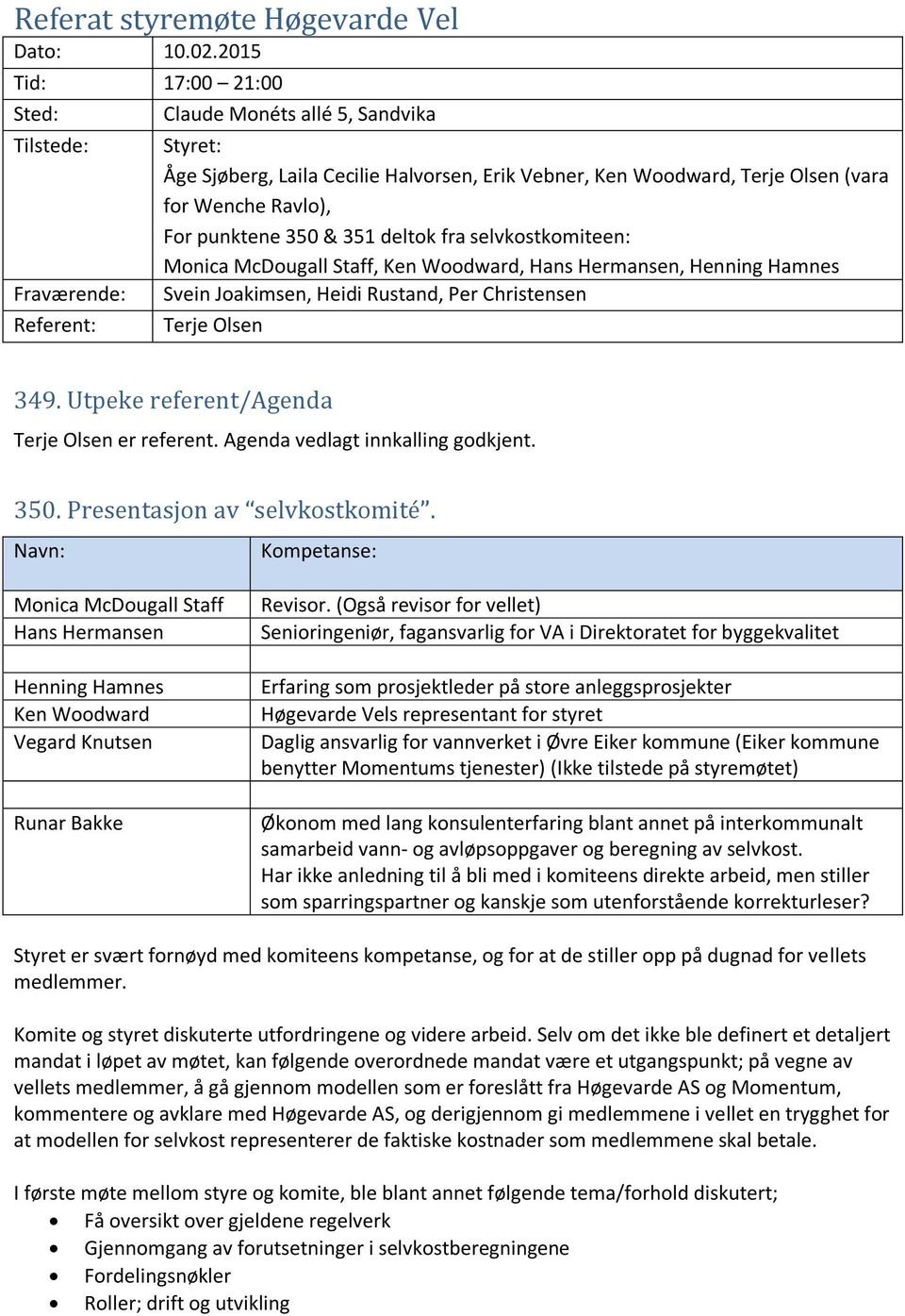 Ravlo), For punktene 350 & 351 deltok fra selvkostkomiteen: Monica McDougall Staff, Ken Woodward, Hans Hermansen, Henning Hamnes Svein Joakimsen, Heidi Rustand, Per Christensen Terje Olsen 349.