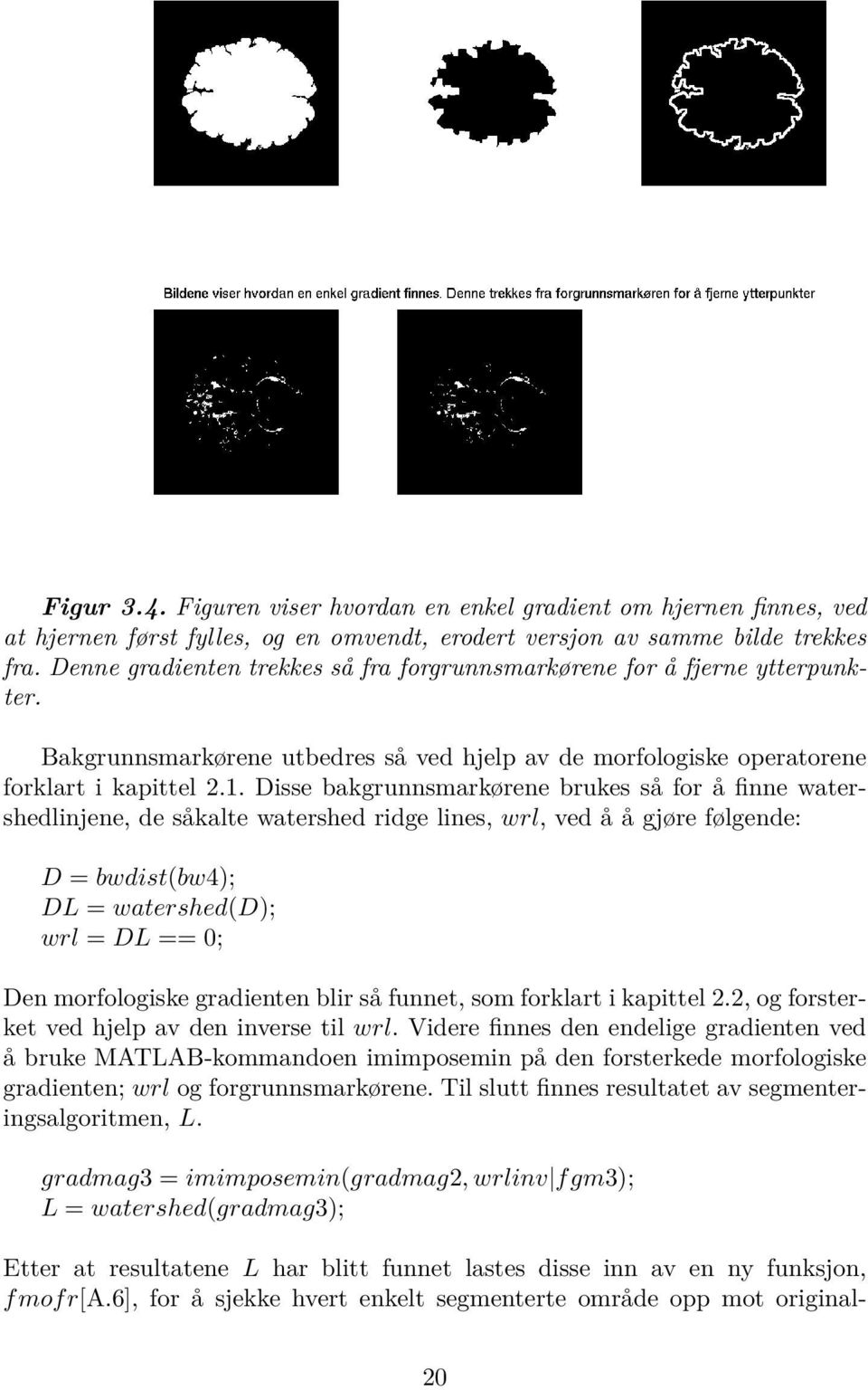 Disse bakgrunnsmarkørene brukes så for å finne watershedlinjene, de såkalte watershed ridge lines, wrl, ved å å gjøre følgende: D = bwdist(bw4); DL = watershed(d); wrl = DL == 0; Den morfologiske