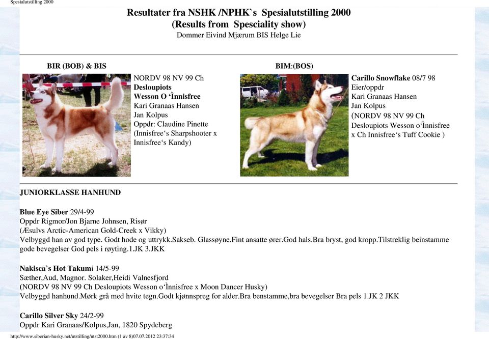 Wesson o Ìnnisfree x Ch Innisfree s Tuff Cookie ) JUNIORKLASSE HANHUND Blue Eye Siber 29/4-99 Oppdr Rigmor/Jon Bjarne Johnsen, Risør (Æsulvs Arctic-American Gold-Creek x Vikky) Velbyggd han av god