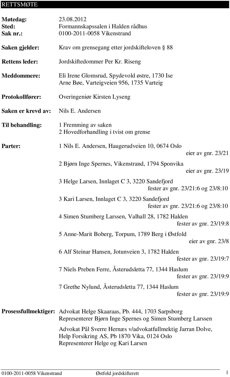 Jordskiftedommer Per Kr. Riseng Eli Irene Glomsrud, Spydevold østre, 1730 Ise Arne Bøe, Varteigveien 956, 1735 Varteig Overingeniør Kirsten Lyseng Nils E.