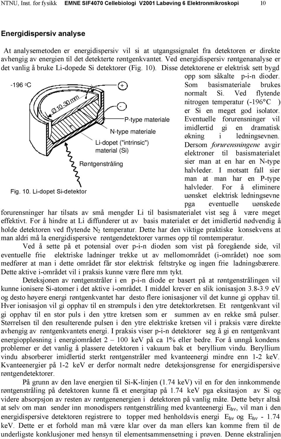 av energien til det detekterte røntgenkvantet. Ved energidispersiv røntgenanalyse er det vanlig å bruke Li-dopede Si detektorer (Fig. 10).