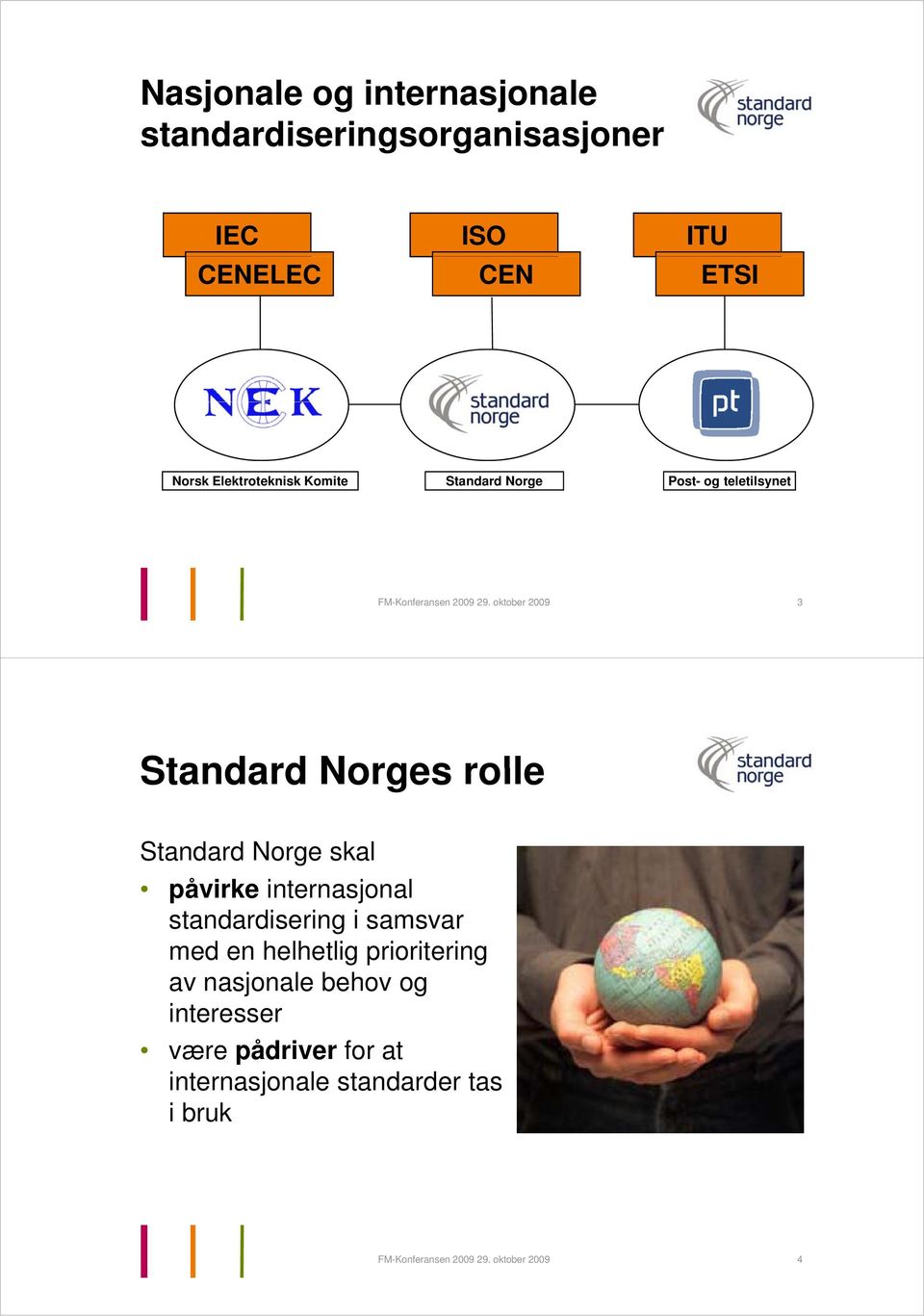 oktober 2009 3 Standard Norges rolle Standard Norge skal påvirke internasjonal standardisering di i i samsvar