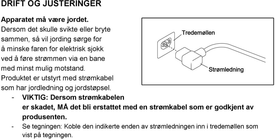 strømmen via en bane med minst mulig motstand. Produktet er utstyrt med strømkabel som har jordledning og jordstøpsel.