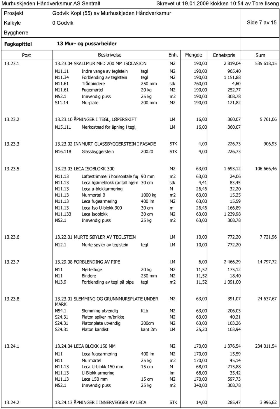 14 Murplate 200 mm M2 190,00 121,82 13.23.2 13.23.10 ÅPNINGER I TEGL, LØPERSKIFT LM 16,00 360,07 5 761,06 N15.111 Merkostnad for åpning i tegl, løperskift LM 16,00 360,07 13.23.3 13.23.02 INNMURT GLASSBYGGERSTEIN I FASADE STK 4,00 226,73 906,93 N16.