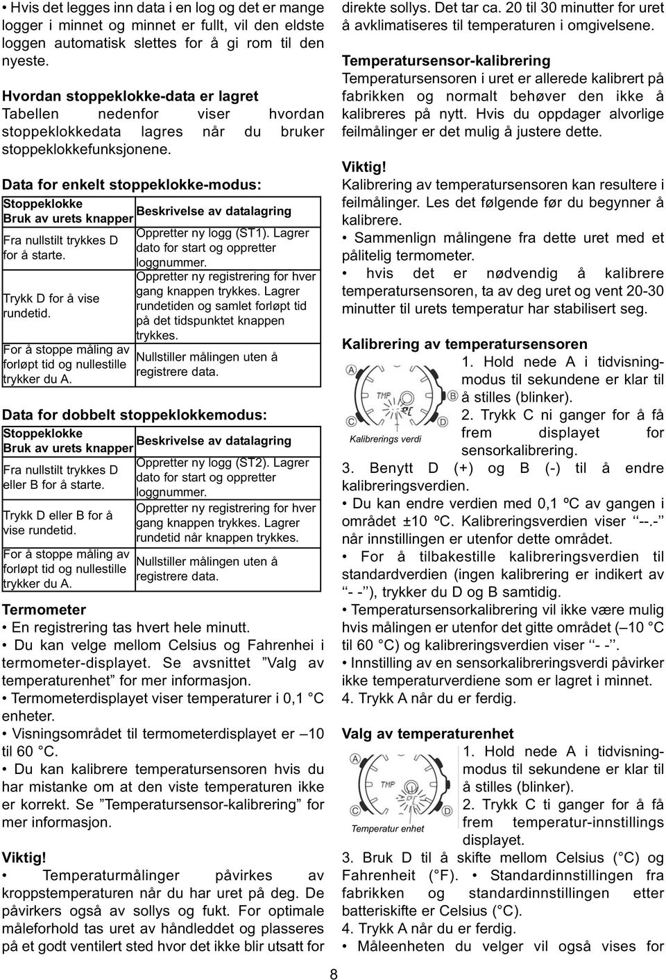 Data for enkelt stoppeklokke-modus: Stoppeklokke Beskrivelse av datalagring Bruk av urets knapper Oppretter ny logg (ST1). Lagrer Fra nullstilt trykkes D dato for start og oppretter for å starte.