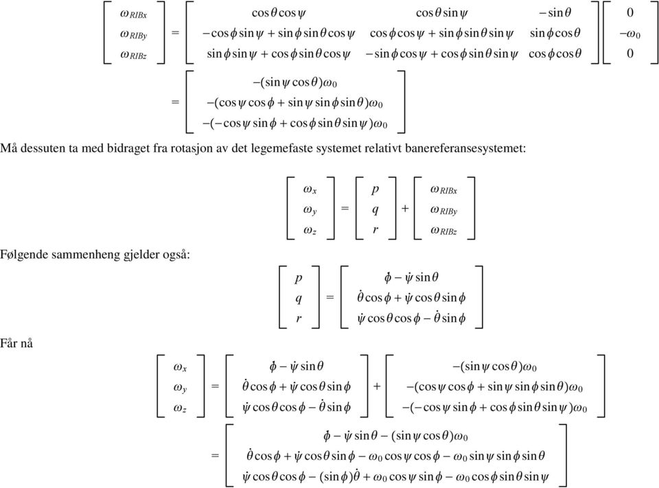 cosfsin d + cosdsin S sin fãg Må dessuten ta med bidraget fra rotasjon av det legemefaste systemet relativt banereferansesystemet: S g 5,%[ g \ T + g 5,%\ g 5,%] Følgende sammenheng gjelder