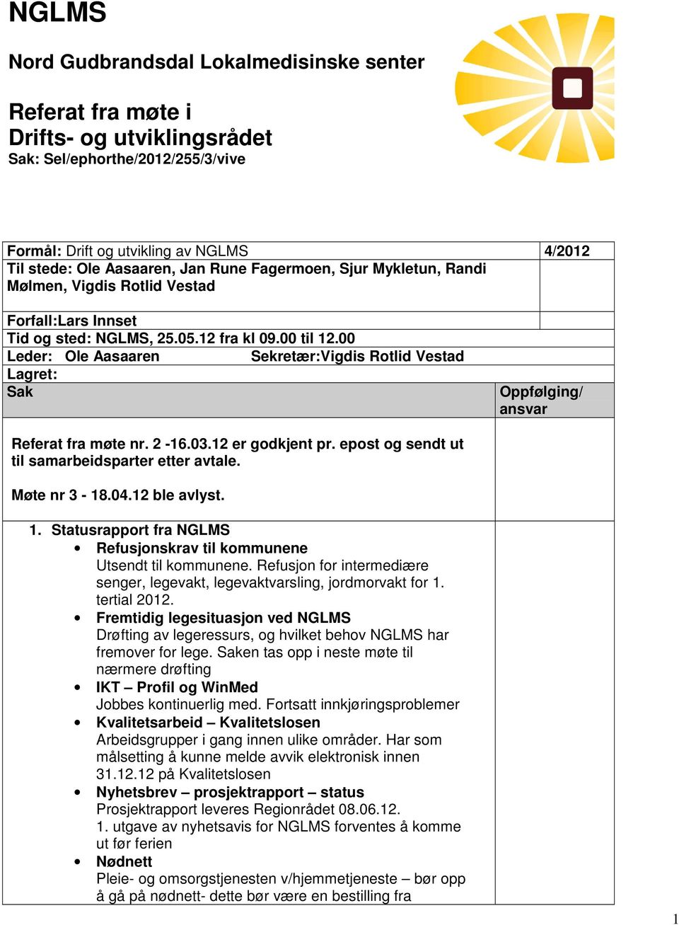 00 Leder: Ole Aasaaren Sekretær:Vigdis Rotlid Vestad Lagret: Sak Oppfølging/ ansvar Referat fra møte nr. 2-16.03.12 er godkjent pr. epost og sendt ut til samarbeidsparter etter avtale. Møte nr 3-18.