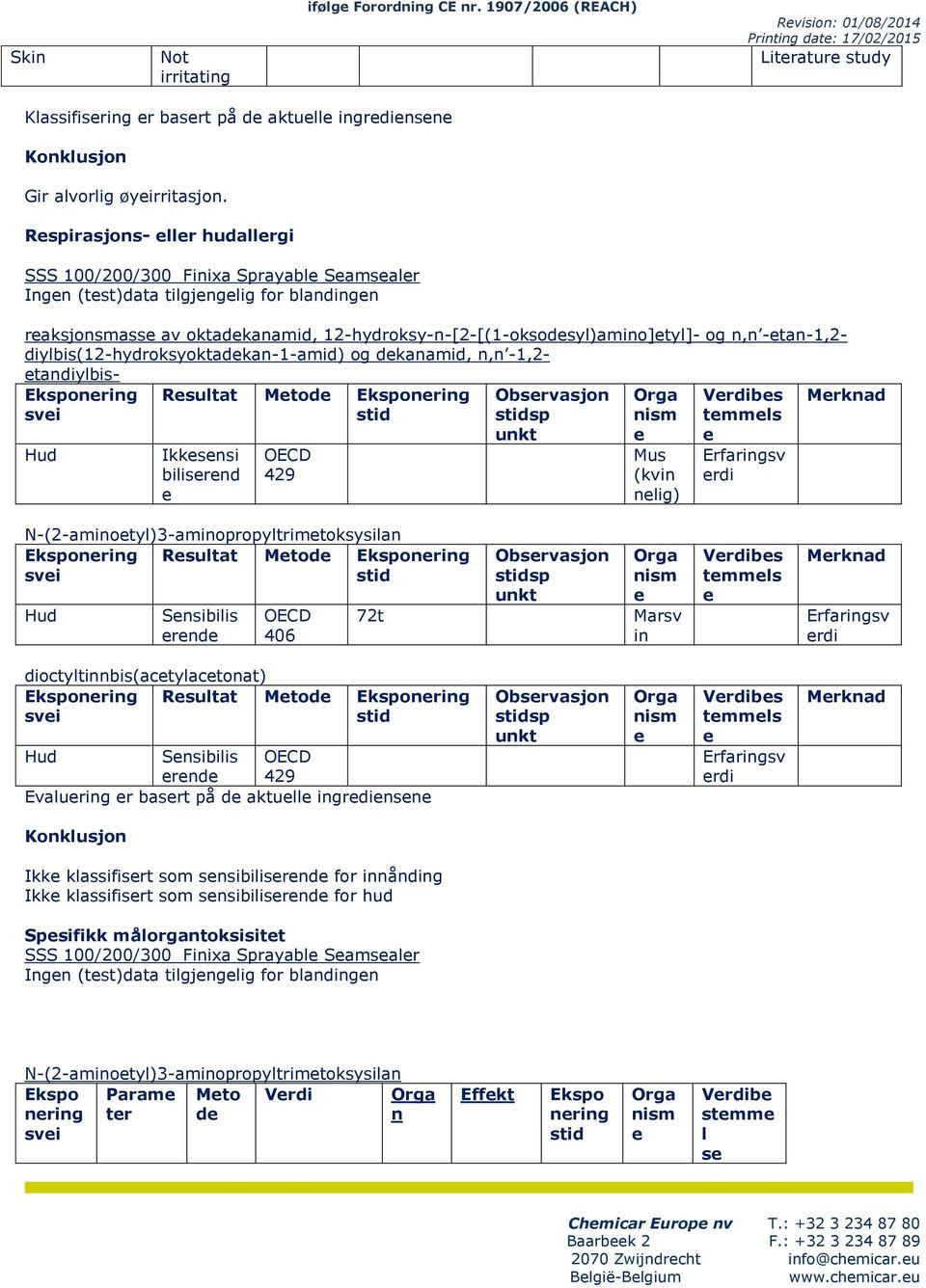 diylbis(12-hydroksyoktadkan-1-amid) og dkanamid, n,n -1,2- tandiylbis- Eksponring svi Hud Rsultat Mtod Eksponring stid Ikksnsi bilisrnd 429 Obsrvasjon stidsp unkt Orga nism Mus (kvin nlig) Vrdibs