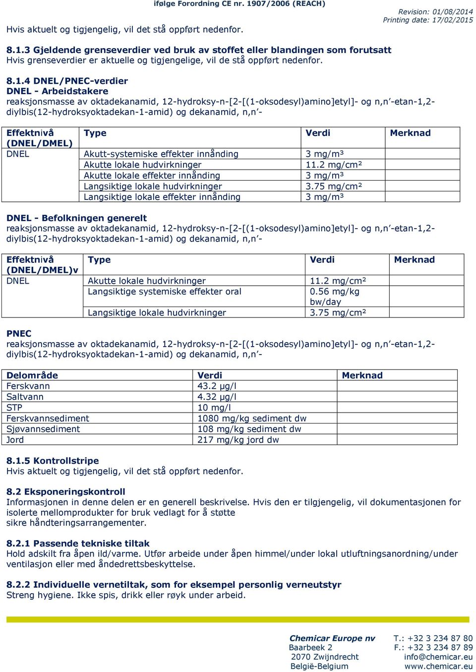 Vrdi Mrknad (DNEL/DMEL) DNEL Akutt-systmisk ffktr innånding 3 mg/m³ Akutt lokal hudvirkningr 11.2 mg/cm² Akutt lokal ffktr innånding 3 mg/m³ Langsiktig lokal hudvirkningr 3.