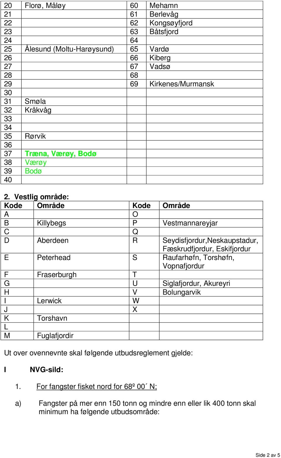 Vestlig område: Kode Område Kode Område A O B Killybegs P Vestmannareyjar C Q D Aberdeen R Seydisfjordur,Neskaupstadur, Fæskrudfjordur, Eskifjordur E Peterhead S