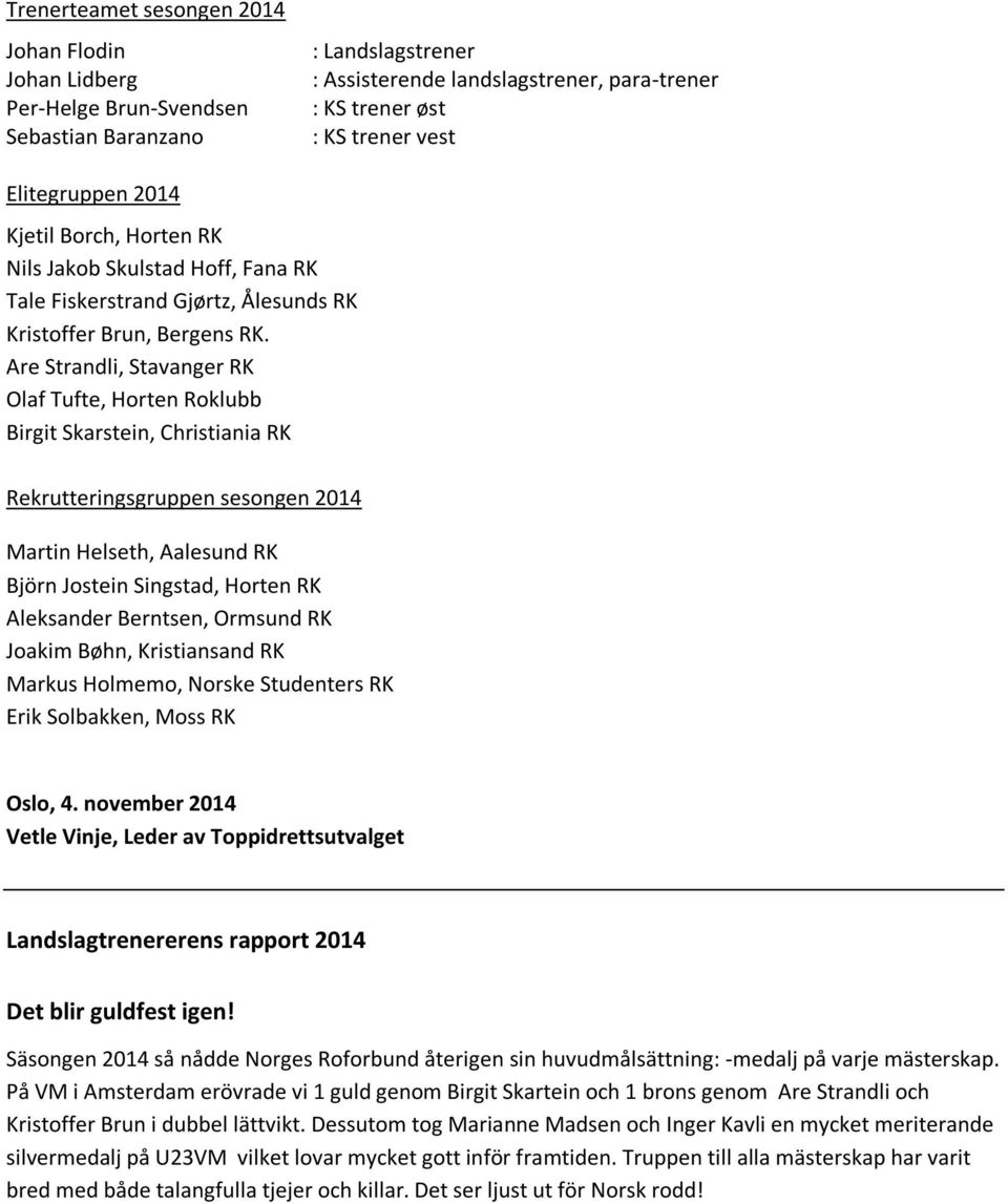 Are Strandli, Stavanger RK Olaf Tufte, Horten Roklubb Birgit Skarstein, Christiania RK Rekrutteringsgruppen sesongen 2014 Martin Helseth, Aalesund RK Björn Jostein Singstad, Horten RK Aleksander