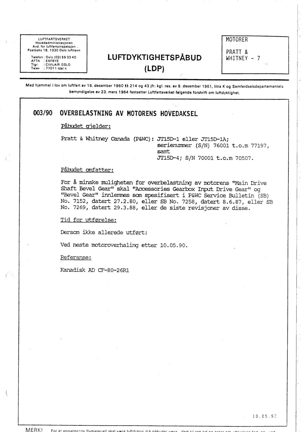 mars 1964 fastsetter Luftartsverket følgende forskrift om luftdyktighei. Med hjemmel i lov om luftfart av 16, desember 1960 214 og 43 jfr. kgl. Tes.