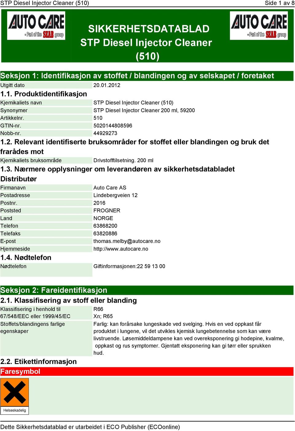 200 ml 1.3. Nærmere opplysninger om leverandøren av sikkerhetsdatabladet Distributør Firmanavn Auto Care AS Postadresse Lindebergveien 12 Postnr.