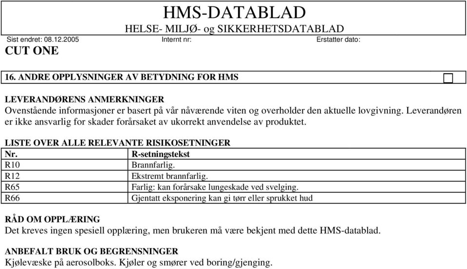 R12 Ekstremt brannfarlig. R65 Farlig: kan forårsake lungeskade ved svelging.